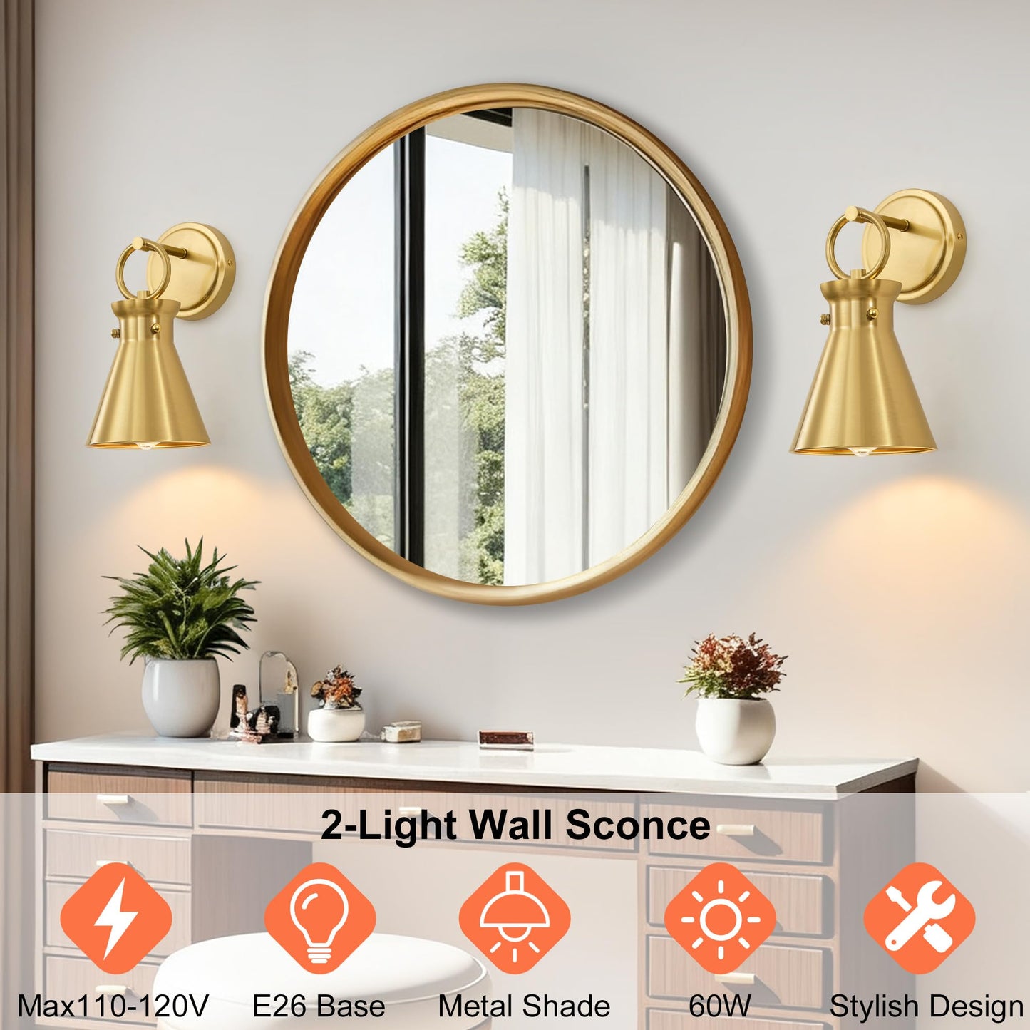 Gednbo Gold Wall Sconces For Bathroom  Modern Vanity Light Fixtures  Wall Mount Lighting Farmhouse Wall Lights With 6 Inch Metal Lampshade For Bedroom Living Room Mirror Kitchen (Gold Metal  2 Pack)