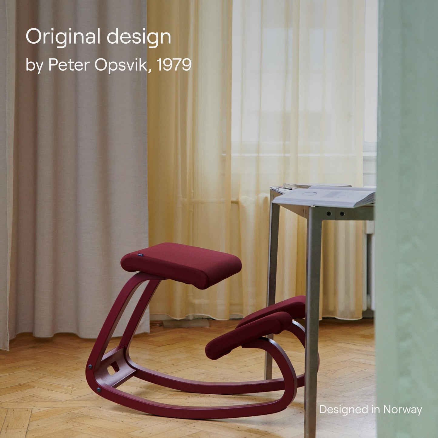 Varier Variable Balans Original Kneeling Chair Designed by Peter Opsvik (Red Revive Fabric with Natural Ash Base)