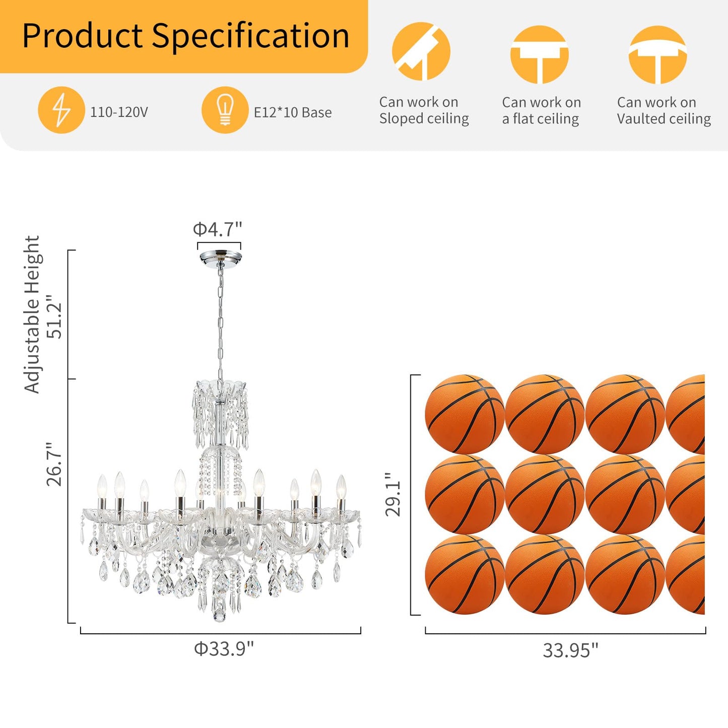 Wuzups 10-Light Crystal Candle Chandelier Pendant Ceiling Light Modern Lighting Fixture For Bedroom Hallway Bar Kitchen Bathroom  H 26.7 W 33.9  E12 Base  Chrome