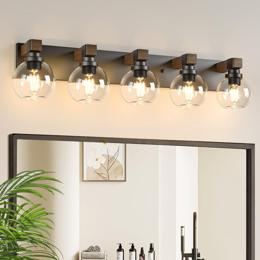 Farmhouse Bathroom Vanity Light Fixtures  5-Light Wood Bathroom Light Fixtures Over Mirror  Rustic Sconces Wall Lighting With Glass Shade For Living Room  Bedroom  Hallway