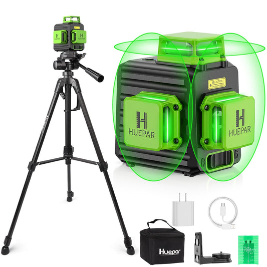 Laser Level 360 Self Leveling with 47" Tripod, Huepar 3x360° High Brightness Green Laser Leveler Tool for Construction, Tile and Picture Hanging, 5200 mAh Li-ion Battery & 2 Portable Bag Included