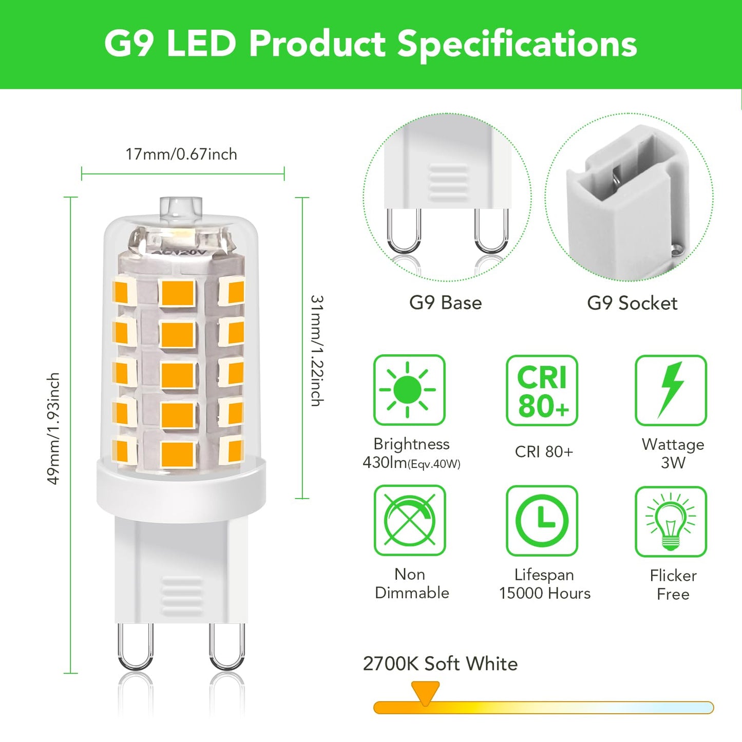 Bubo G9 Led Bulb 2700K Soft White 430 Lumens  3W Equivalent 40W T4 G9 Halogen Replacement  360Beam Angle 120V Non-Dimmable No-Flicker G9 Light Bulbs For Crystal Chandelier Lighting  40 Pack