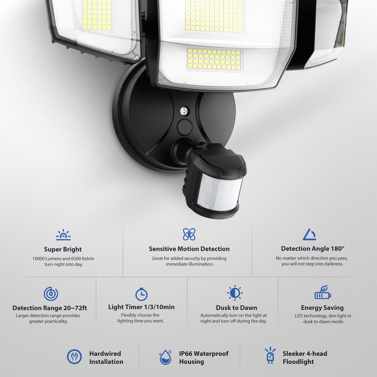 Onforu 90W 10000Lm Led Motion Sensor Outdoor Lights  4-Head Dusk To Dawn Outdoor Lighting  Hardwired Flood Lights  Ip66 Waterproof 6500K Security Floodlight For Outside (Black)