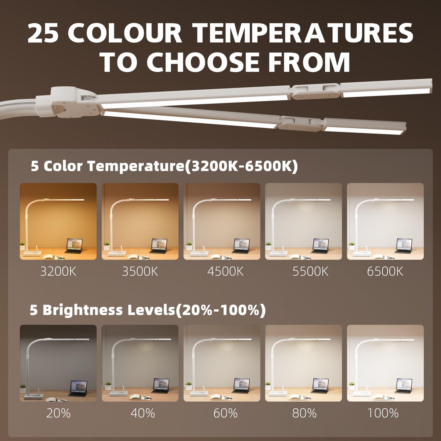 Sandiea Led Desk Lamp For Home Office - 24W Bright Double Head Desk Light With Clamp Eye Caring Architect Task Light 25 Lighting Modes Adjustable Flexible Gooseneck Lamp (All White)