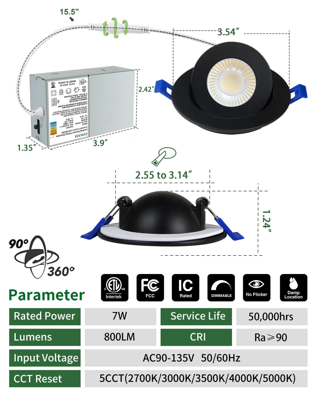 Zouzai 3 Inch 5Cct Gimbal Black Led Recessed Lighting With Junction Box  2700K/3000K/3500K/4000K/5000K  7W Eqv 80W  360+90 Adjustable Led Recessed Lights  798Lm Brightness - Etl (Black  6 Pack)