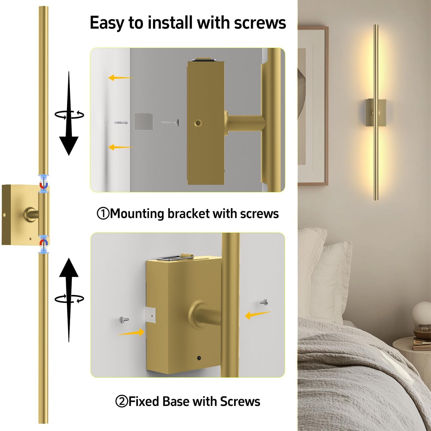 Battery Operated Wall Sconces Set Of Two: Dimmable Wireless Wall Lights With Remote  31.5Inch Led Rechargeable Sconces  360?Lighting Wall Scone Decor For Tv  Mirror  Bedroom  Living Room(Gold)