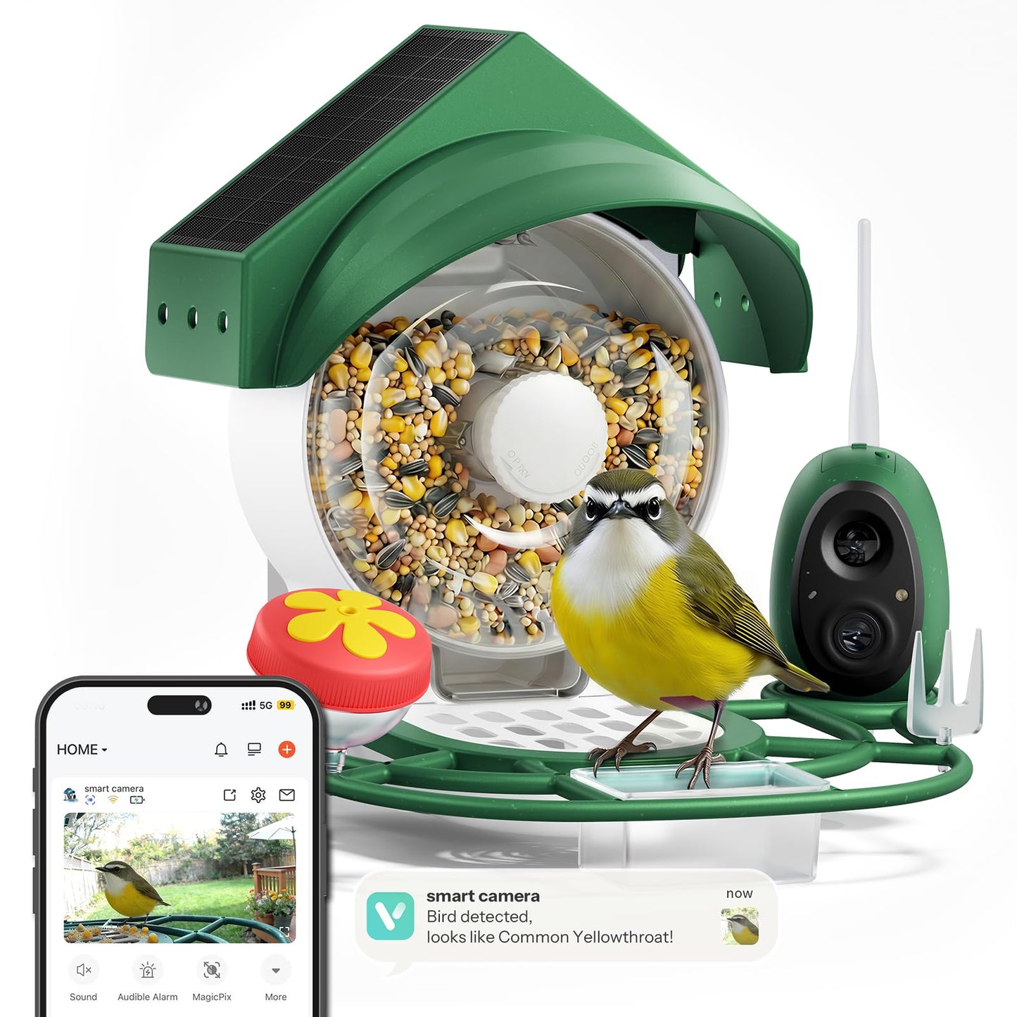 Liscuty Smart Bird Feeder with Camera - 2K HD Smart Bird Feeder, Solar Powered Outdoor Birdhouse with AI Bird Identification for Backyard Birding & Wildlife Bird Watching, Gift for BirdLover (Green)