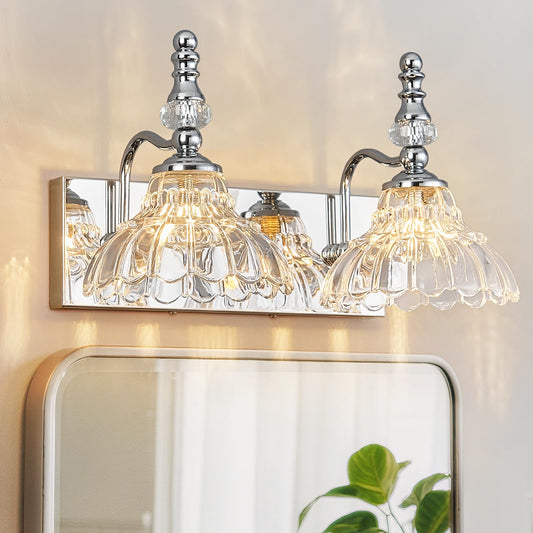 Lbsqj Vintage Bathroom Vanity Light  2-Light Chrome Vanity Lighting Fixture With Flower Glass Shade  Bathroom Lighting Fixtures Over Mirror