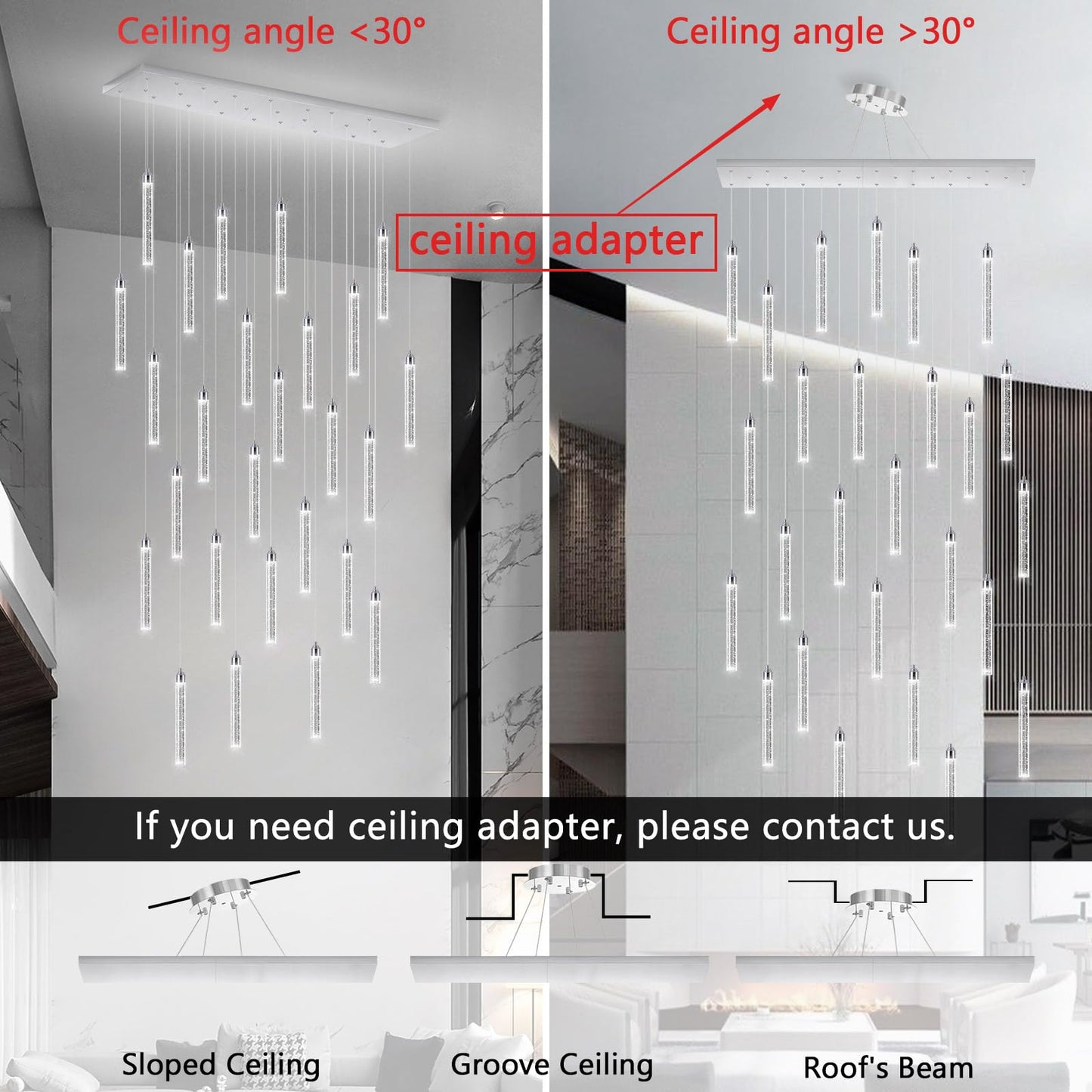 Rectangular Chandeliers 26-Lights Long Light For Entryway Led Dimmable Chandeliers Lighting Fixture Flat Sloped High Ceiling Pendant Lights Crystal For Living Room Foyer Hallway Staircase Silver