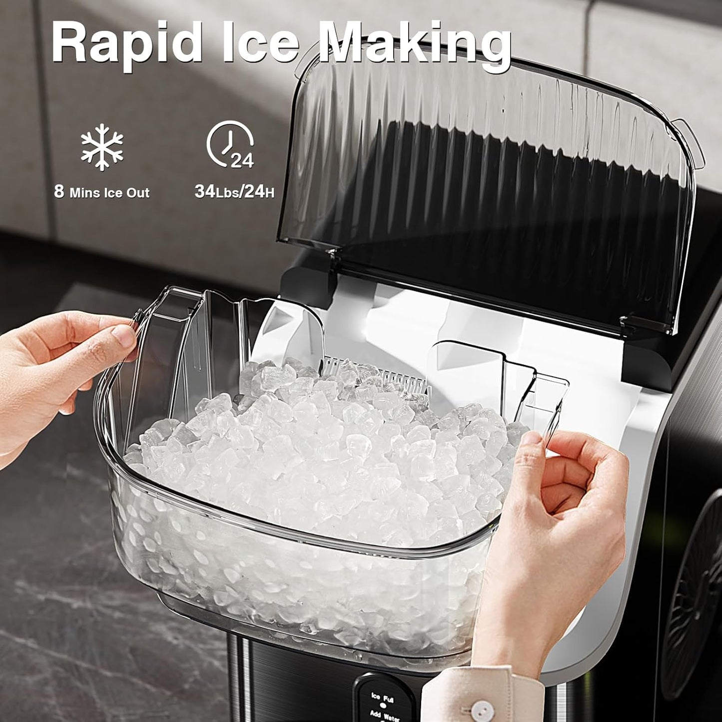 Antarctic Star Nugget Ice Maker Countertop, Chewable Nugget Ice Machine with Automatic Cleaning, Fast Ice Making 34Lbs/24H, One Click Operation for Office/Home/Bar (Stainless Steel Black)