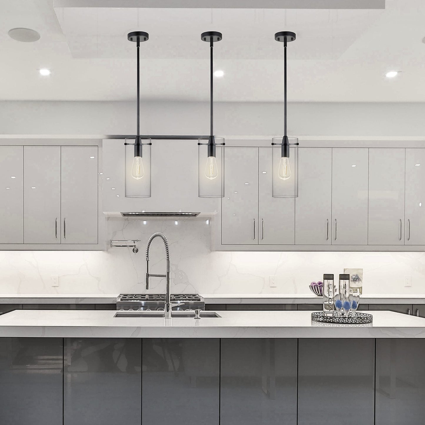 Linea di Liara Pendant Light Fixtures, Modern Matte Black, Large Clear Glass Shade, Industrial Style, Model LL-P315-BLK