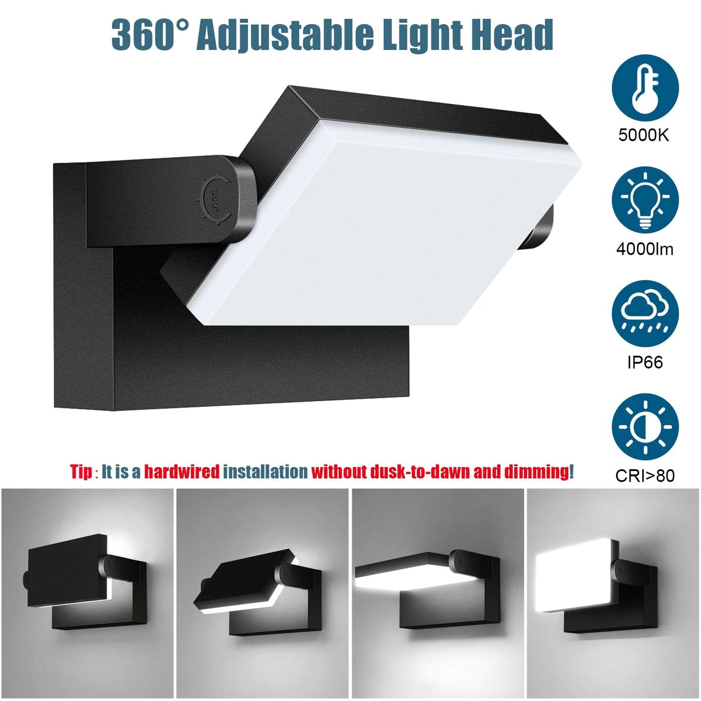 Tomourd 40W Outdoor Flood Light  5000K 360 Rotating Led Wall Light  Ip66 Waterproof Square Exterior Wall Pack Wall Mount Fixture Commercial Security Lighting For Garage House (8 Pack)