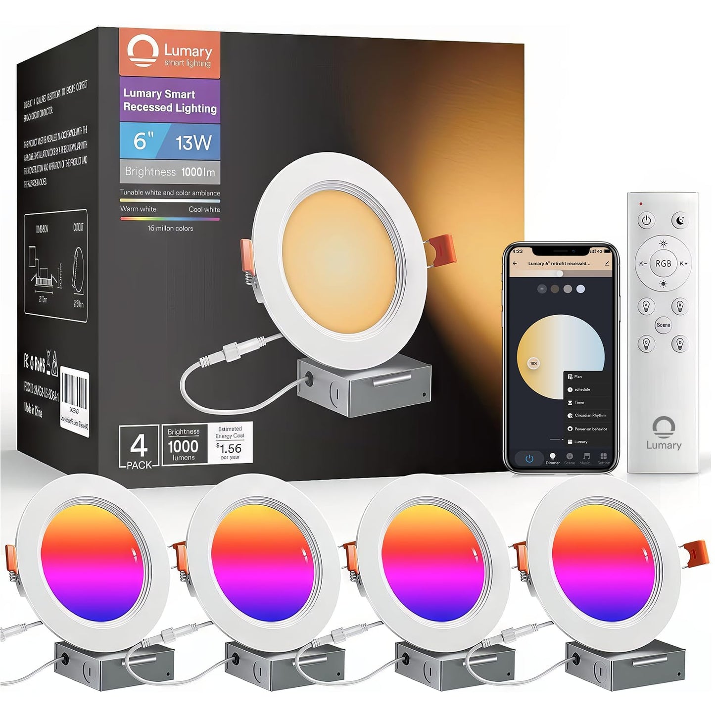 Lumary Smart Recessed Lighting 6 Inch With Remote  Work With Alexa/Google  Canless Wifi Led Wafer Recessed Lights  Rgbww Ceiling Downlight With J-Box And Metal Anti-Glare Baffle Trim  4 Pack