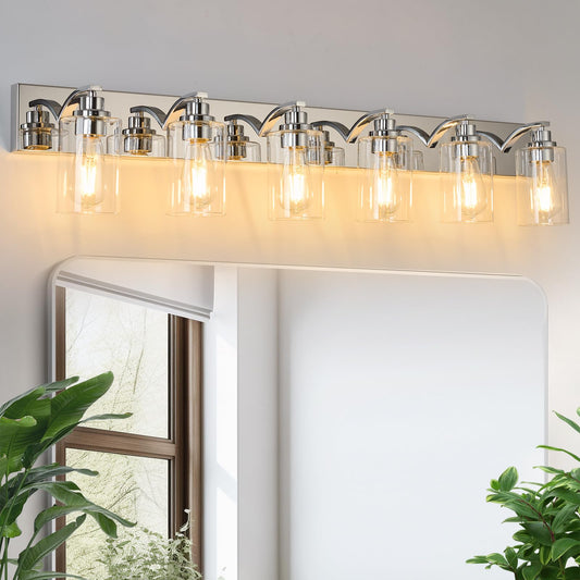 Alaislyc 6-Light Bathroom Light Fixtures Modern Chrome Vanity Lights For Bathroom Lighting Fixtures Over Mirror With Clear Glass Shade For Cabinet Mirror Bedroom Hallway