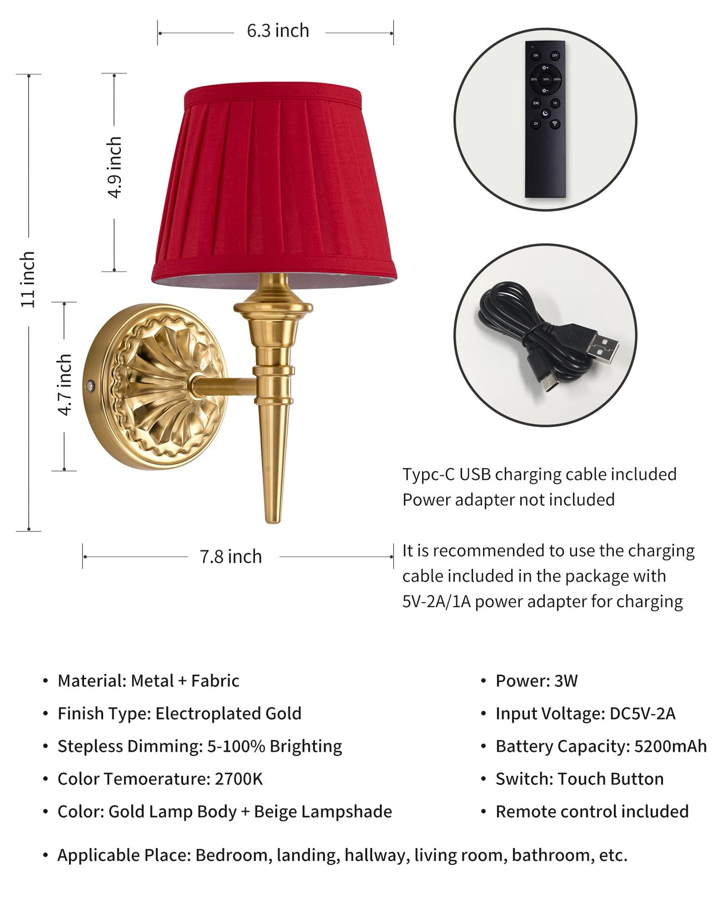 Kdg Cordless Wall Sconces Set Of 2  Small Wireless 5200Mah Rechargeable Battery Fabric Led Wall Lamps  Portables Lightings For Wall discomfort-reducingting  Living Room  Bedroom  Hallway  Gifts  Night Light (Red)
