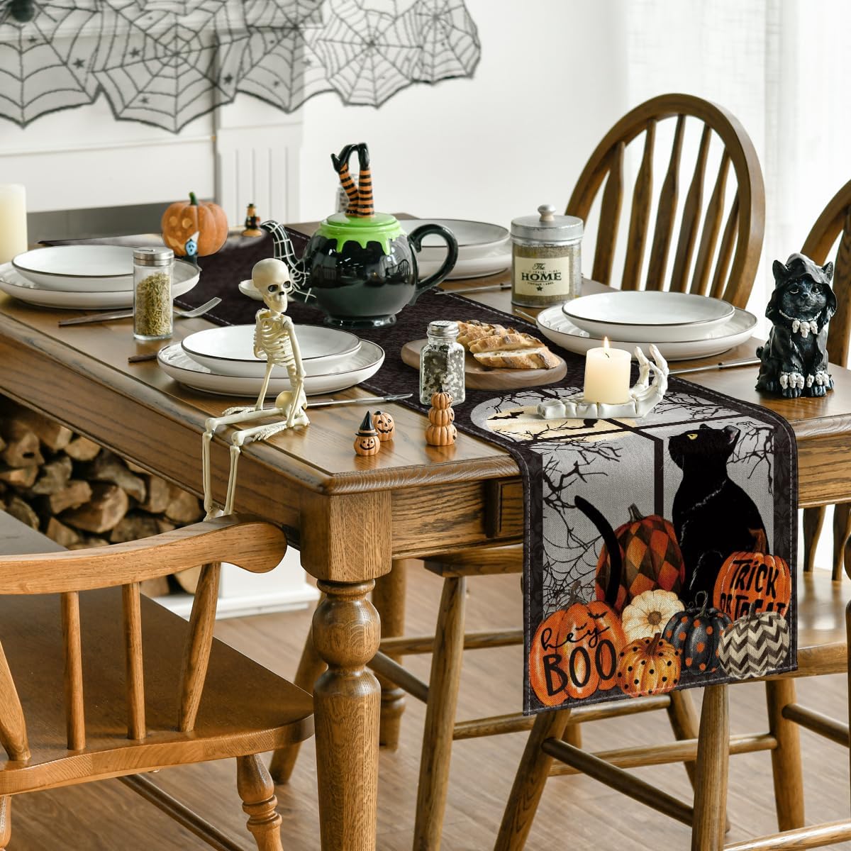 Artoid Mode Black Cat Pumpkins Boo Halloween Table Runner, Trick Or Treat Seasonal Kitchen Dining Table Decoration for Home Party Decor 13x48 Inch