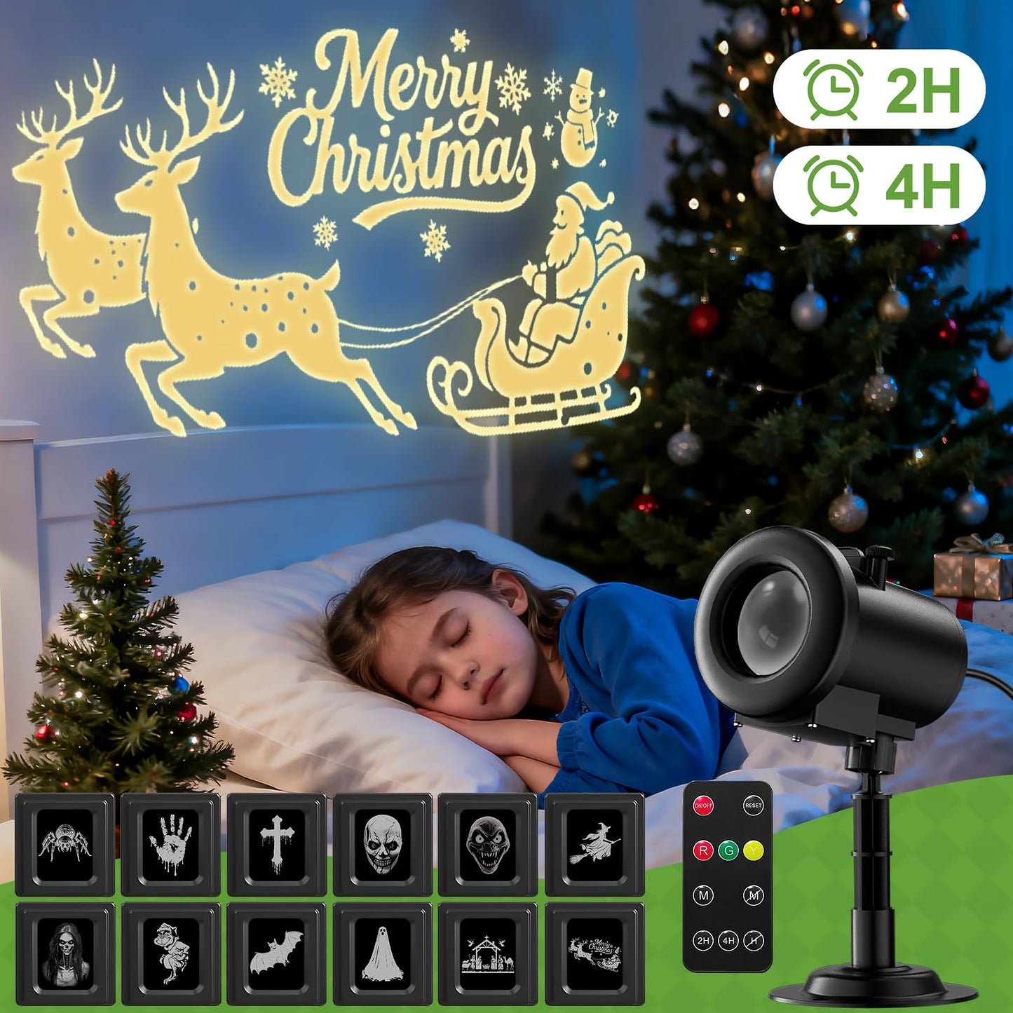 12 In 1 Christmas Projector Lights Outdoor  3D Dynamic Santa Sleigh/Nativity/Green Monster/Ghost/Spider/Bat Christmas Decor Night Lights For Party Home Window Wall Holiday Decor
