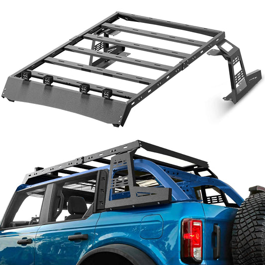 YZONA for Bronco Roof Rack Hard Top Cargo Basket with Rear Window Panel & 4 LED Lights Compatible with 2021-2026 Ford Bronco 4 Doors Soft Top and Removing Hardtop, Rooftop Rack Carrier Luggage Holder