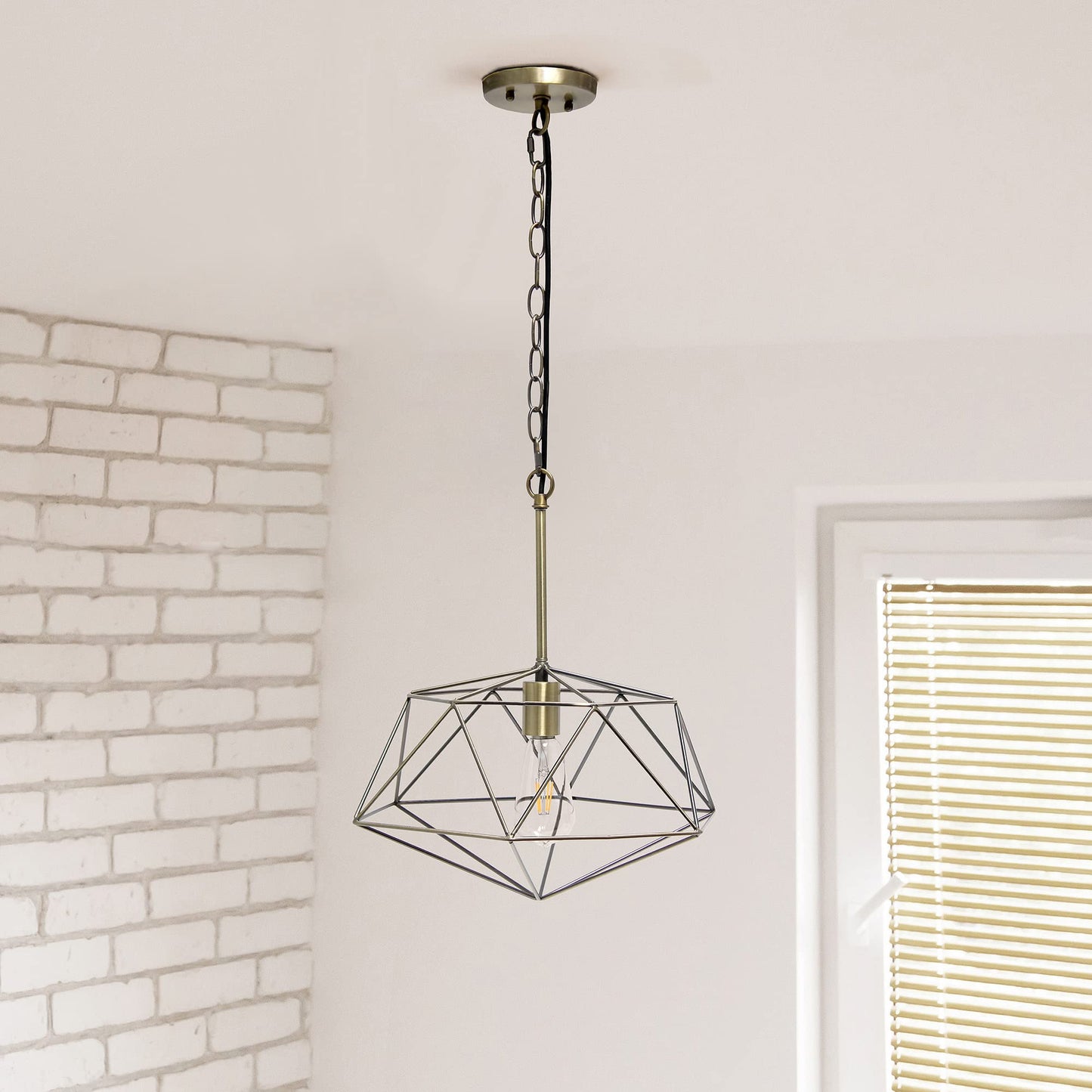 Elegant Designs PT1011-ABS 16in Geometric Diamond Pendant Light Fixture, Antique Brass, Metal Wire Cage, Industrial Style