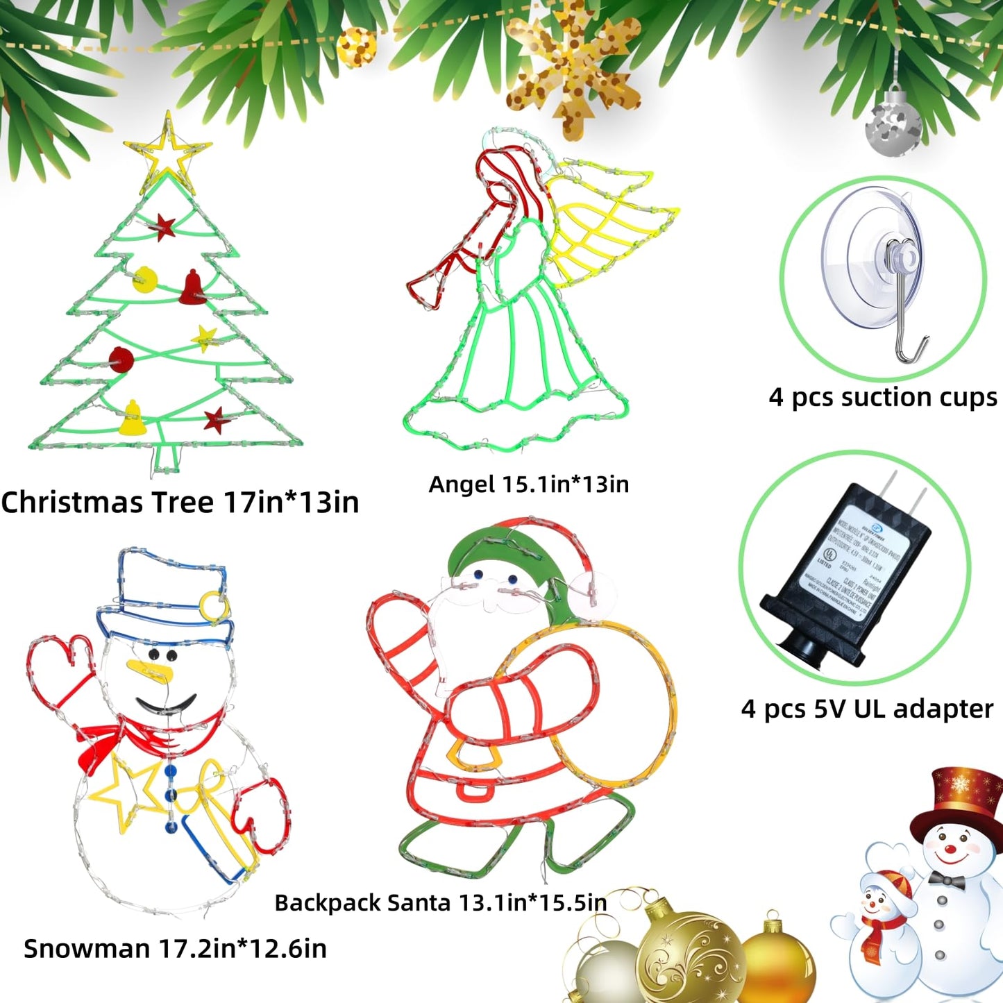 Trwymz Christmas Decorations - 16 Christmas Window Silhouette Lights - 4 Pack Colour Lighted Santa & Angel & Snowman & Christmas Tree For Holiday Indoor And Outdoor Wall Door Window Decorate