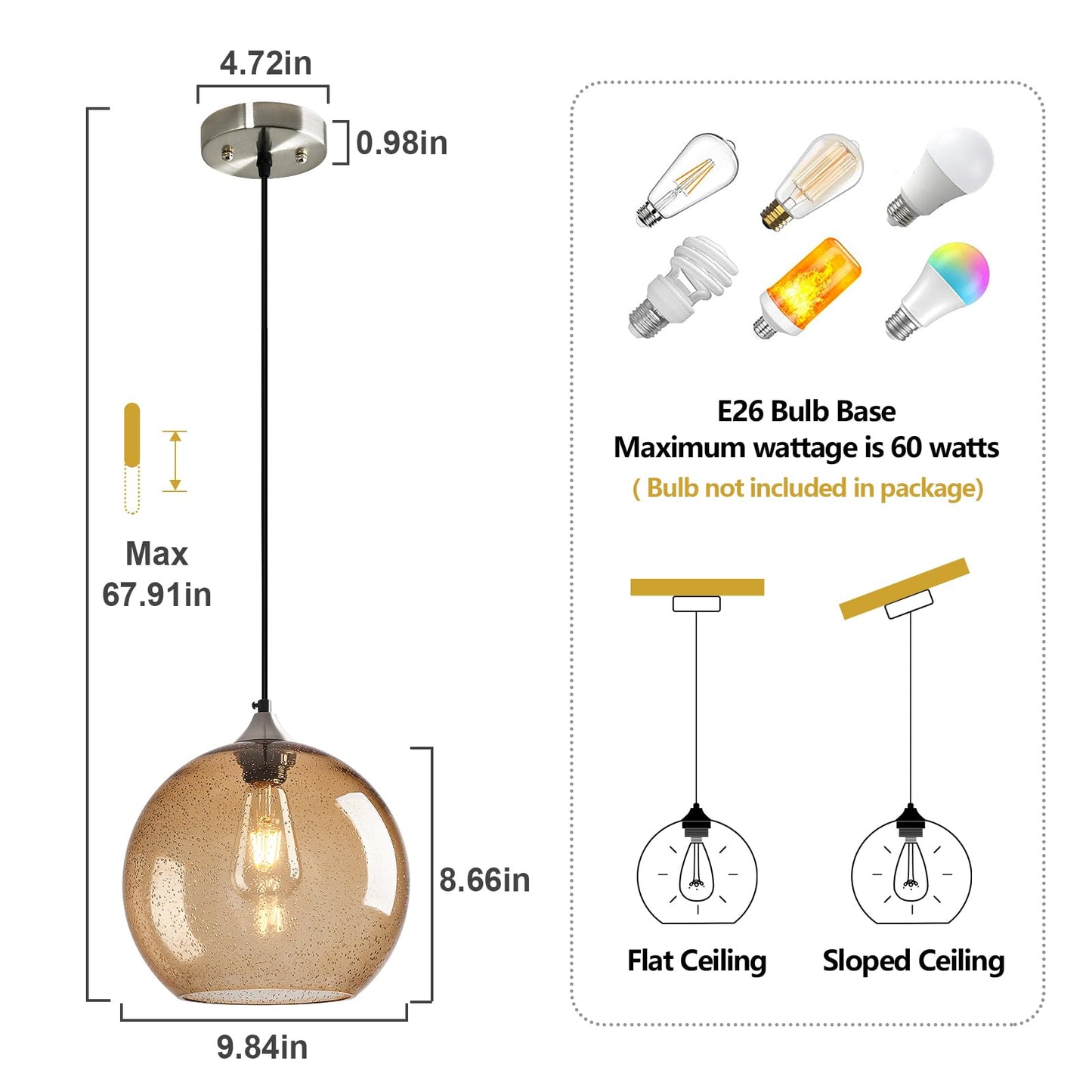 Lbsqj Light Brown Glass Pendant Lights Kitchen Island Globe Pendant Light Fixtures Modern Pendant Lighting For Bedroom Living Dining Room Light Fixture (9.84 In  3 Pack)