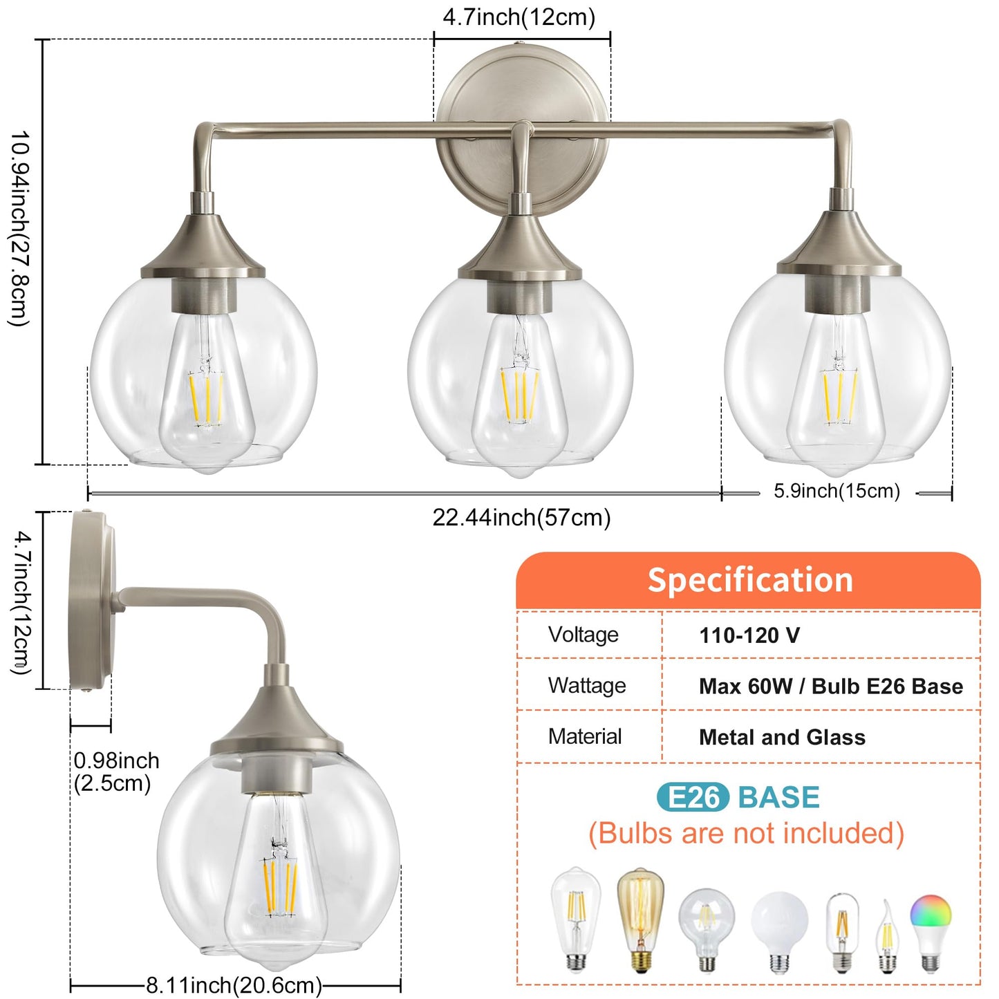 Gednbo Bathroom Light Fixtures 3 Light Bathroom Vanity Light With Clear Glass Shade  22 Inch Vanity Lighting Fixtures Over Mirror  Vanity Lights Fixture (Exclude E26 Bulb) - Brushed Nickel