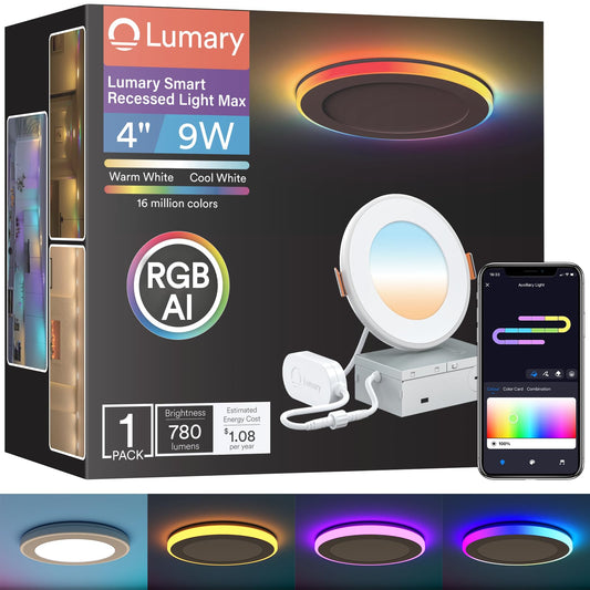Lumary Rgbai Smart Recessed Lighting 4 Inch With Gradient Accent And Night Ring  9W 780Lm Wifi Canless Wafer Downlight With Junction Box  Led Downlight Work With Alexa/Google Assistant/Siri  1Pcs