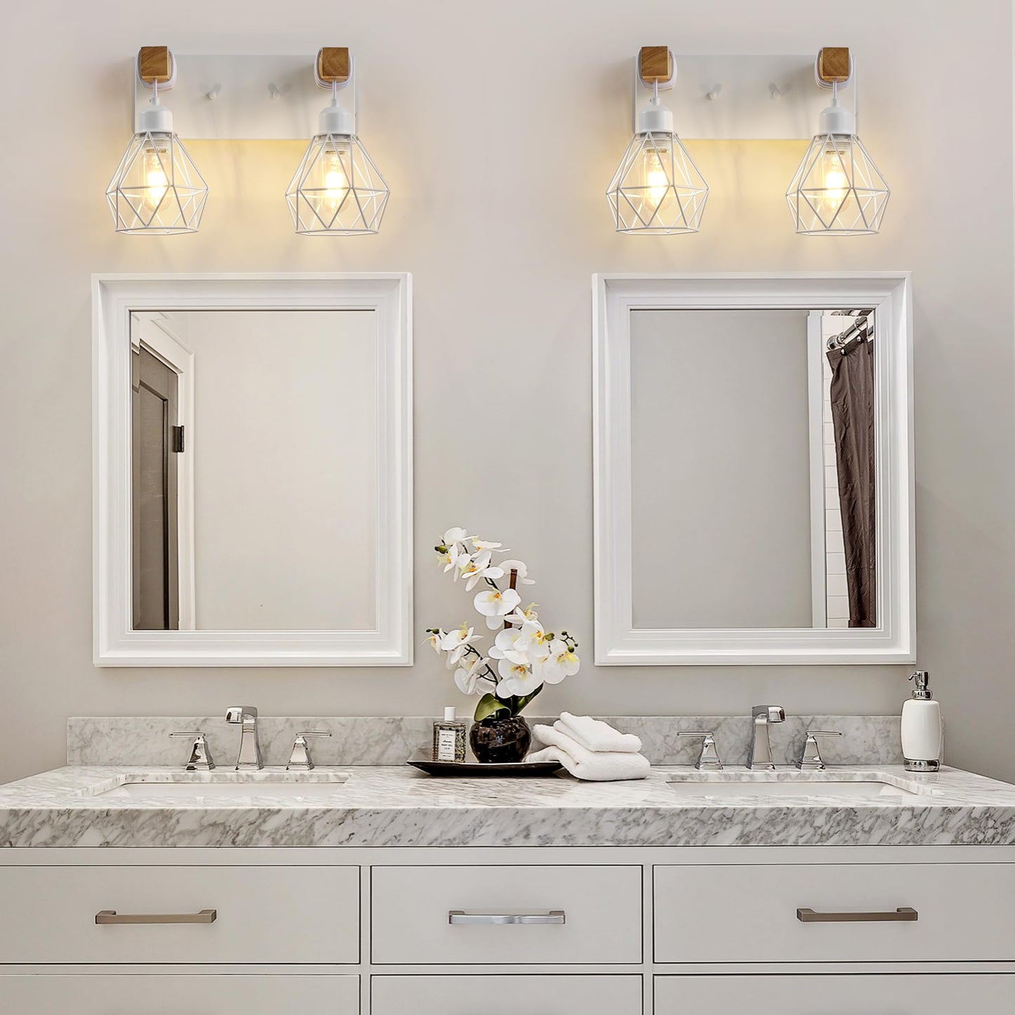 Farmhouse Vanity Light For Bathroom  2-Light White Wood Bathroom Vanity Light Fixtures Over Mirror  Rustic Sconces Wall Lighting With Metal Lampshade For Living Room  Bedroom  Hallway