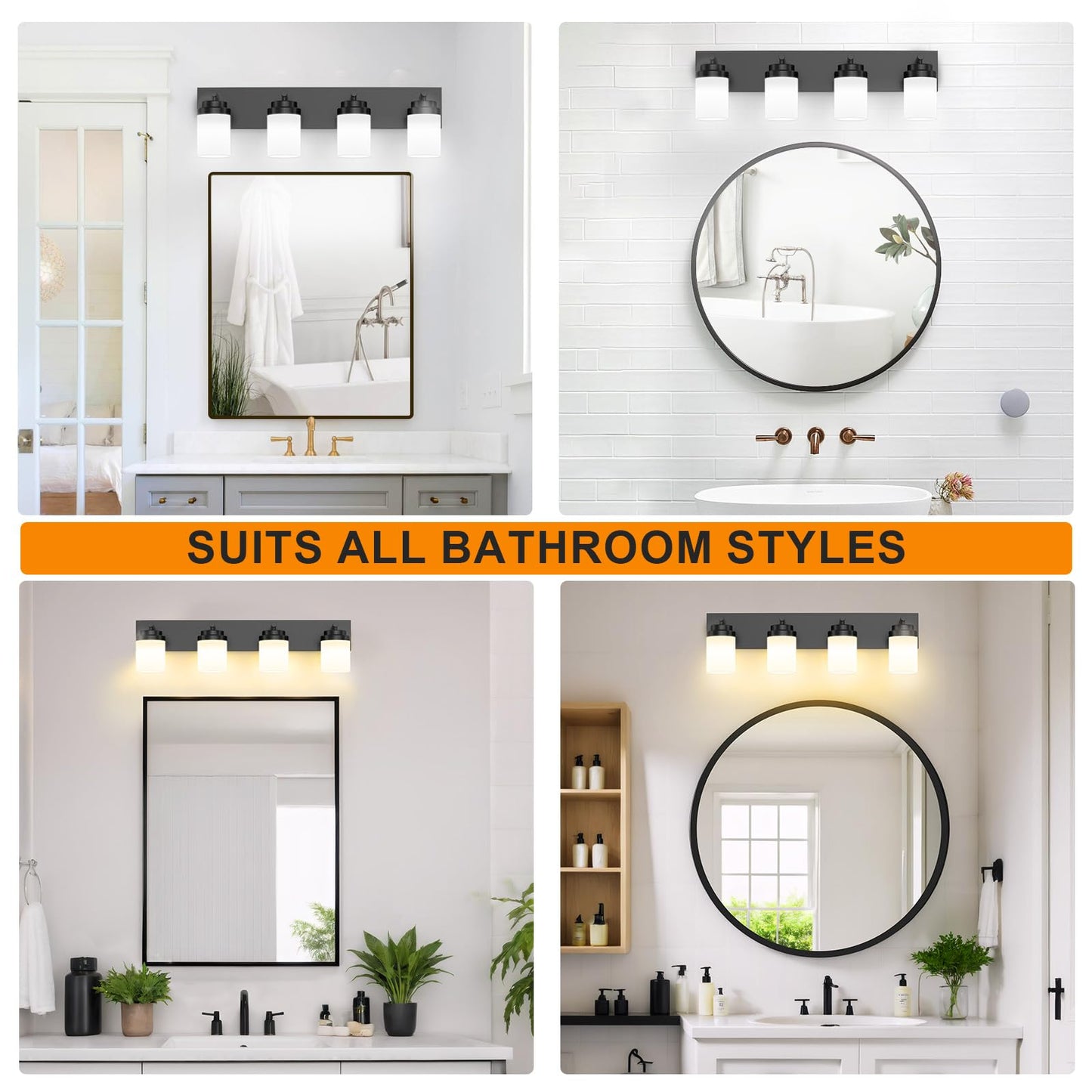 Izorro Bathroom Vanity Light Fixture  4-Light 27.5 Inch Matte Black Bathroom Light Fixtures Over Mirror  With White Glass Shade  Modern Farmhouse Vanity Lights  Rustic Restroom Lighting Fixtures
