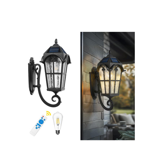 Emliviar Exterior Led Solar Wall Sconce With Remote Control  24 Front Door Wall Lantern With Water Glass Shade  Waterproof Solar Black Wall Light With E26 Bulb  Yxe302Mb-Sl Bk