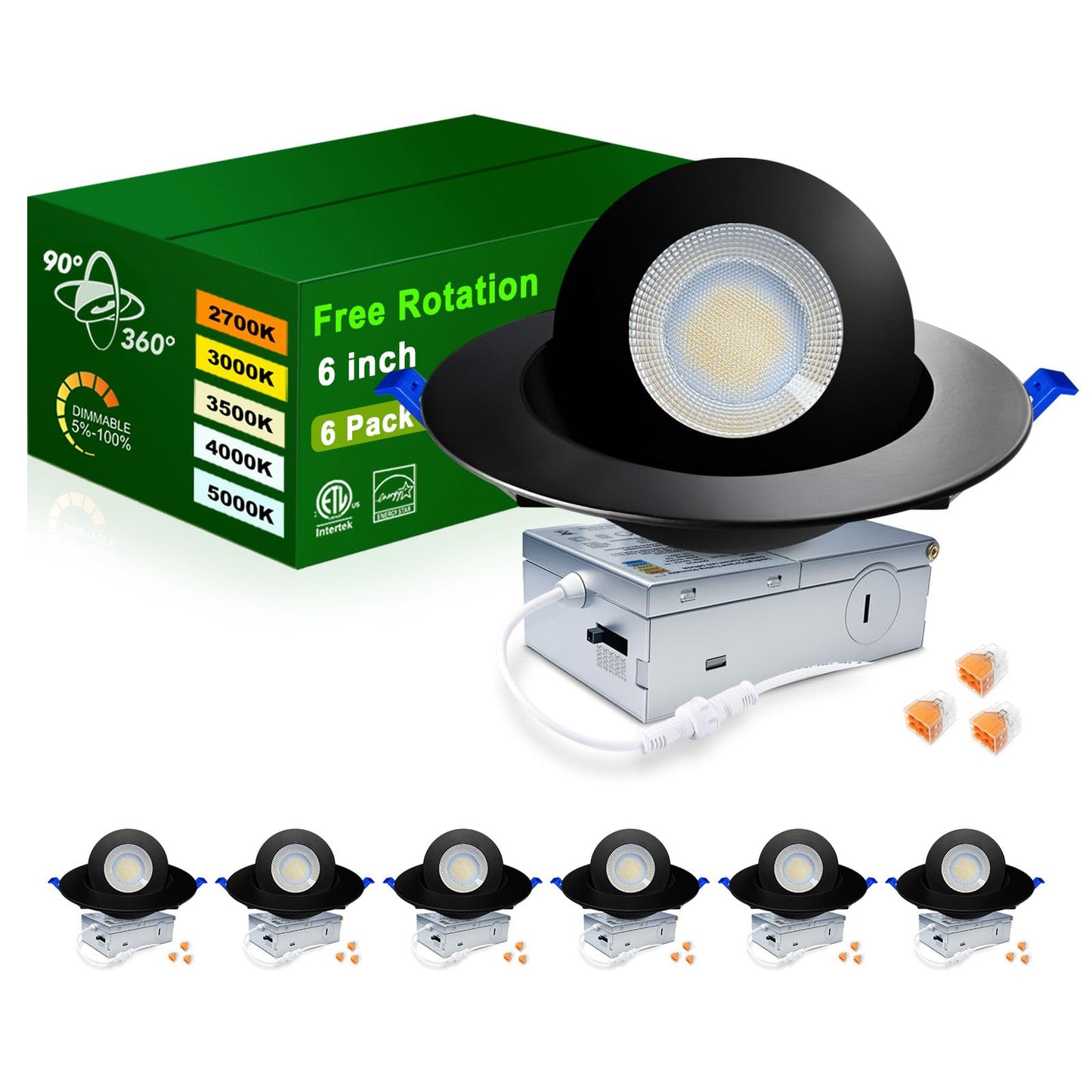 Zouzai 6 Inch 5Cct Gimbal Black Led Recessed Lights  360+90 Adjustable Directional Recessed Lighting  2700K-5000K Dimmable Retrofit Eyeball Can Lights With Jbox  Etl&Energy Star(Black 6 Pack)