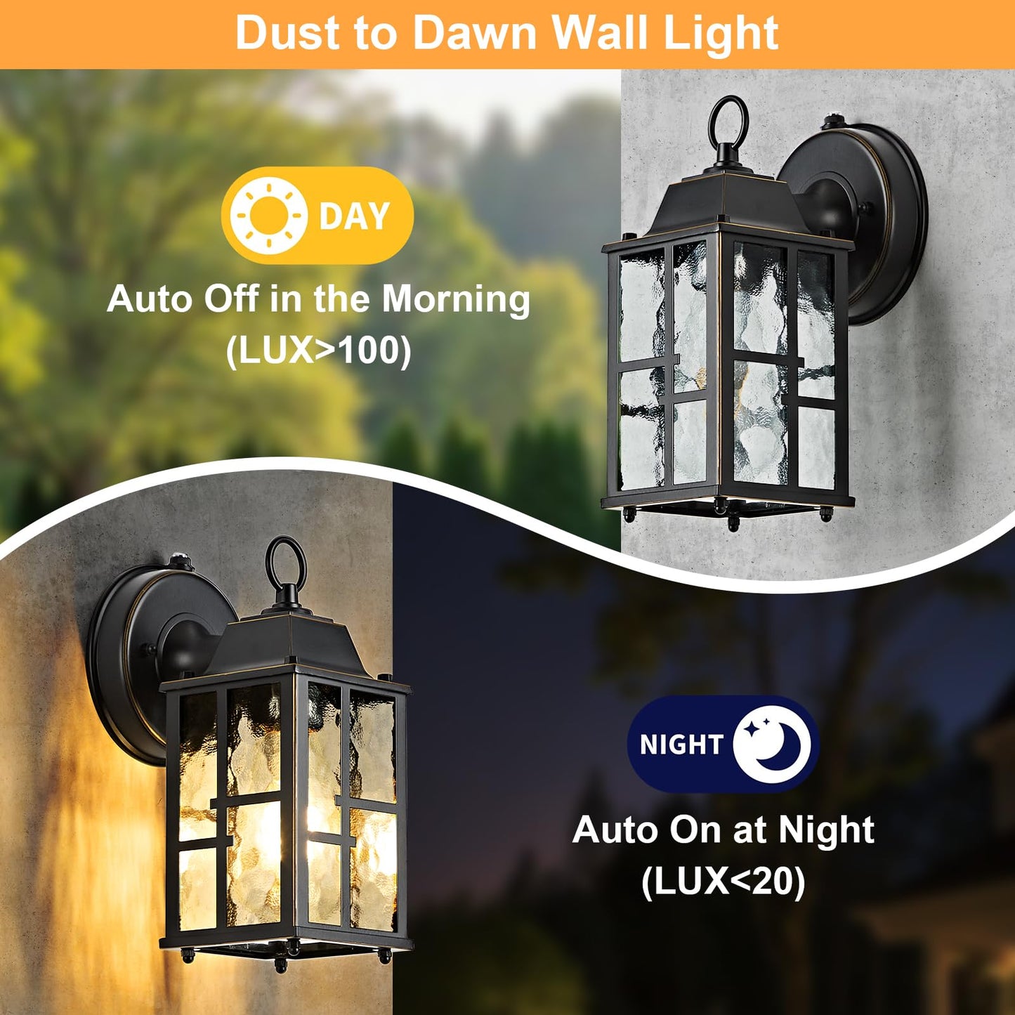 Okeli 2-Pack Dusk To Dawn Outdoor Wall Lights  Weatherproof Exterior Lighting Fixture Wall Mount  Aluminum Ripple Glass Porch Light  Anti-Rust Outside Wall Sconce For House  Garage(Black&Gold-Trim)