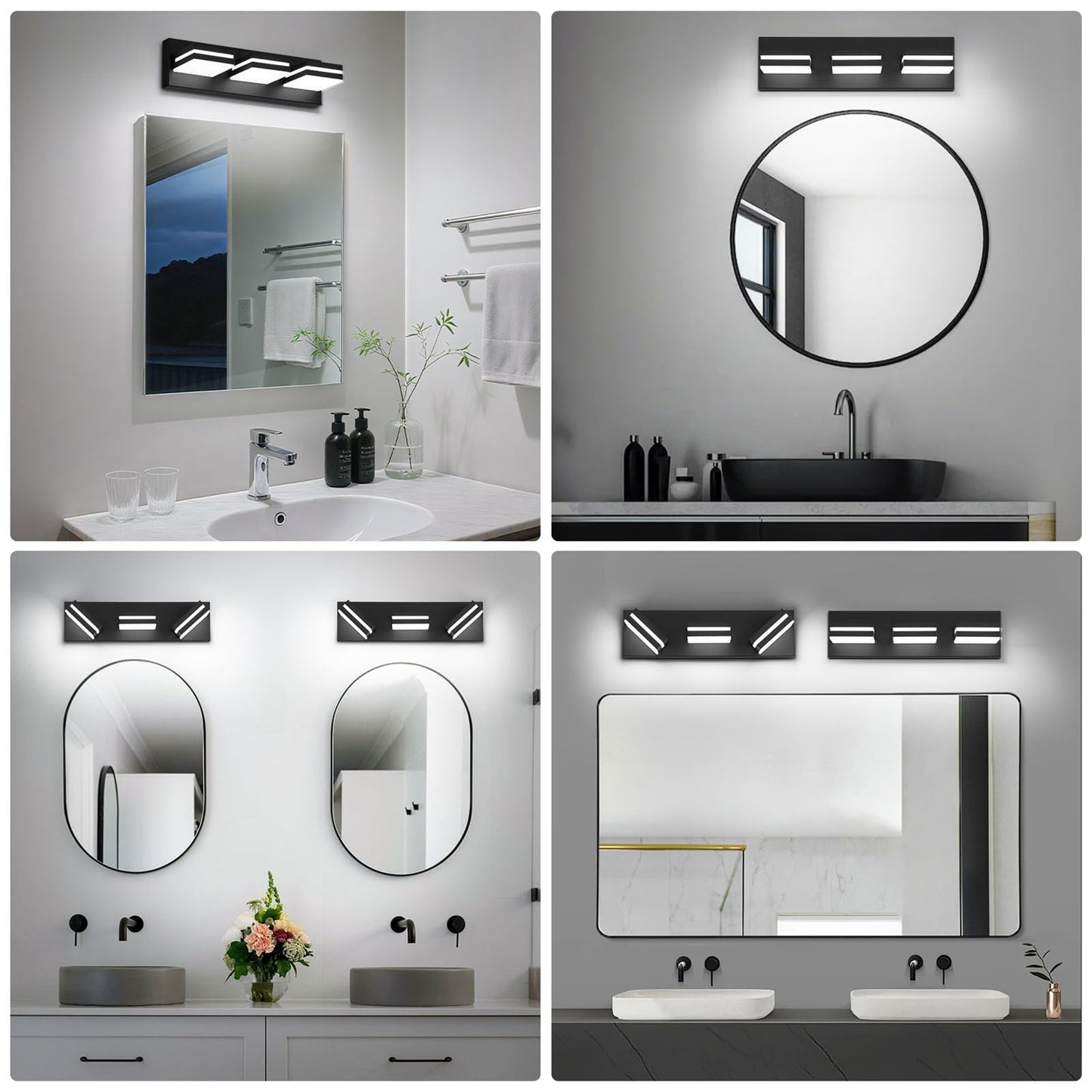 Jzekvn Modern Led Bathroom Lights Fixtures(3-Light) Metal Black Acrylic Wall Lighting Vanity Lights For Bathroom Over Mirror(6000K 16In