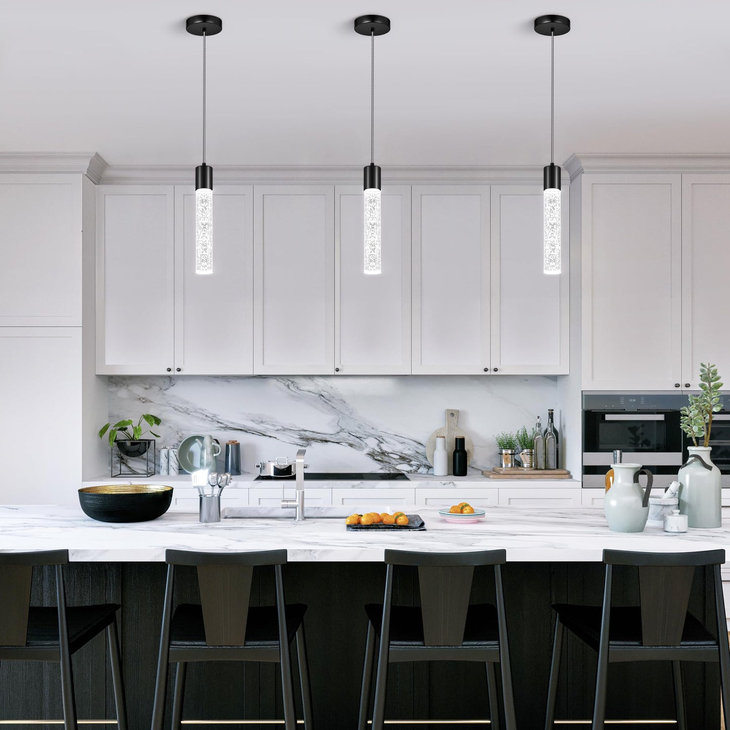 Esfos Pendant Lights Kitchen Island  6500K Modern Kitchen Island Lights Brushed Black  3 Pack Ceiling Lighting Fixtures With Crystal Bubble  Integrated Led Hanging Light For Dining Room Restaurant