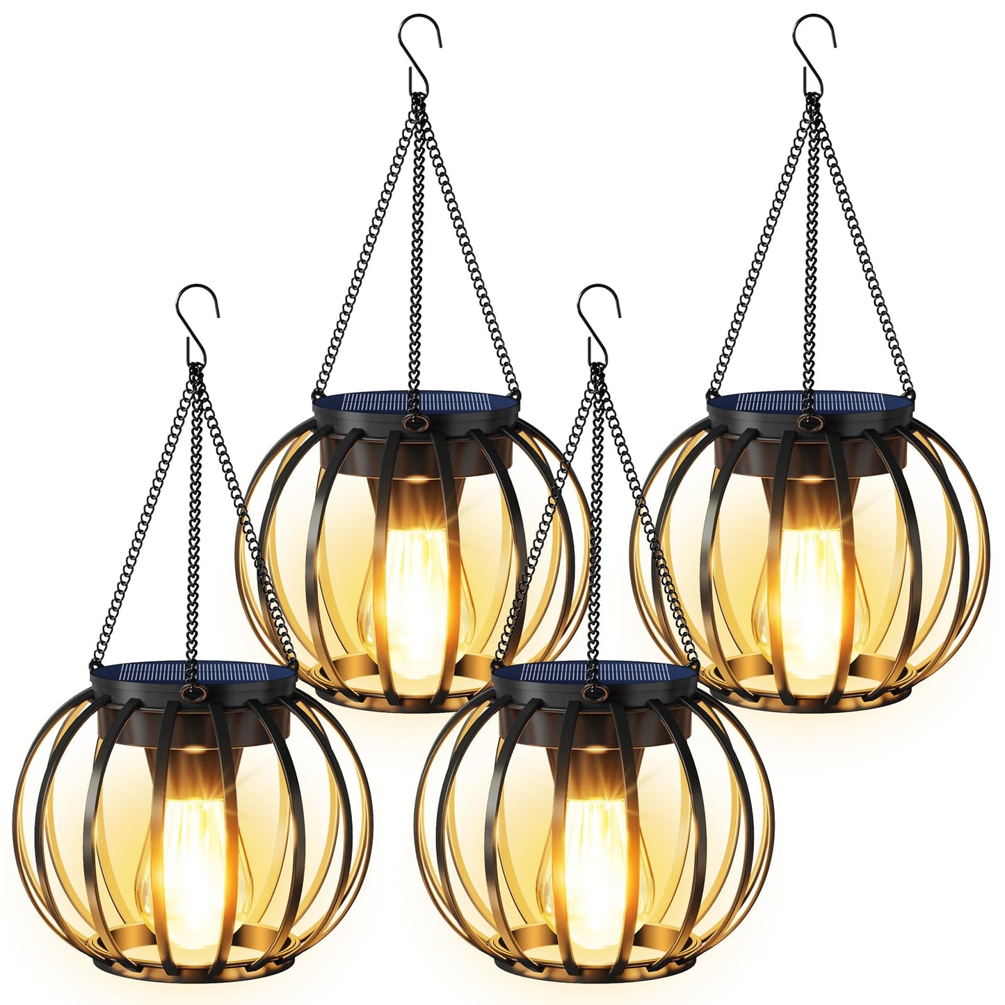 Aounq Solar Lanterns Outdoor Waterproof 4 Pack  Upgraded Metal Hanging Solar Lights For Outside With Auto On/Off & Hook - Brighter Hanging Outdoor Lanterns Decorative Lighting For Garden Patio Yard