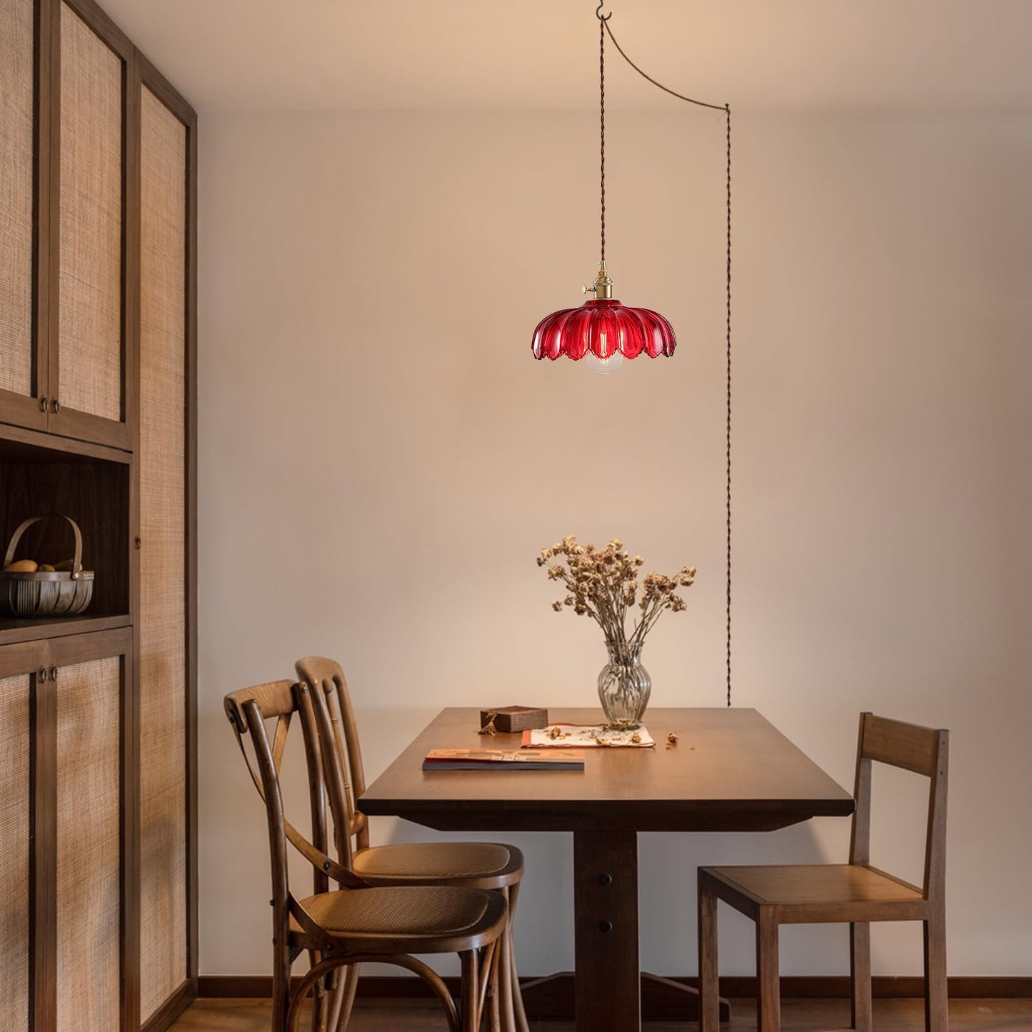 Xzhgcee Plug In Pendant Light: Hanging Light Plug In Fixture Red Glass Hanging Lamp  Pendant Lighting For Kitchen Island  Bedroom  Dining Room  Living Room  E26 No Bulb