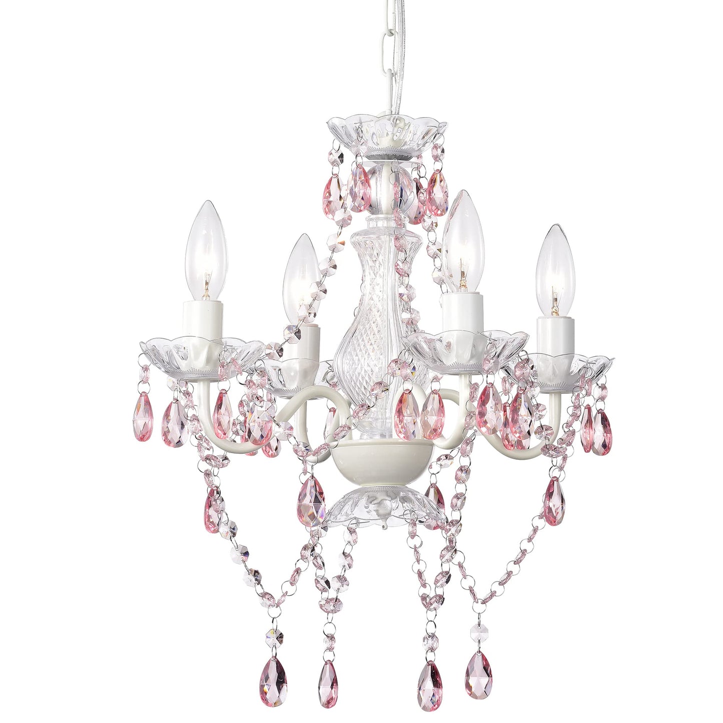 LaLuLa Pink and White Mini Chandelier Lighting with Acrylic Crystals, 4 Lights, Bedroom Decor