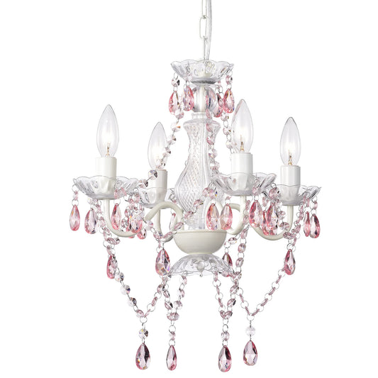 LaLuLa Pink and White Mini Chandelier Lighting with Acrylic Crystals, 4 Lights, Bedroom Decor