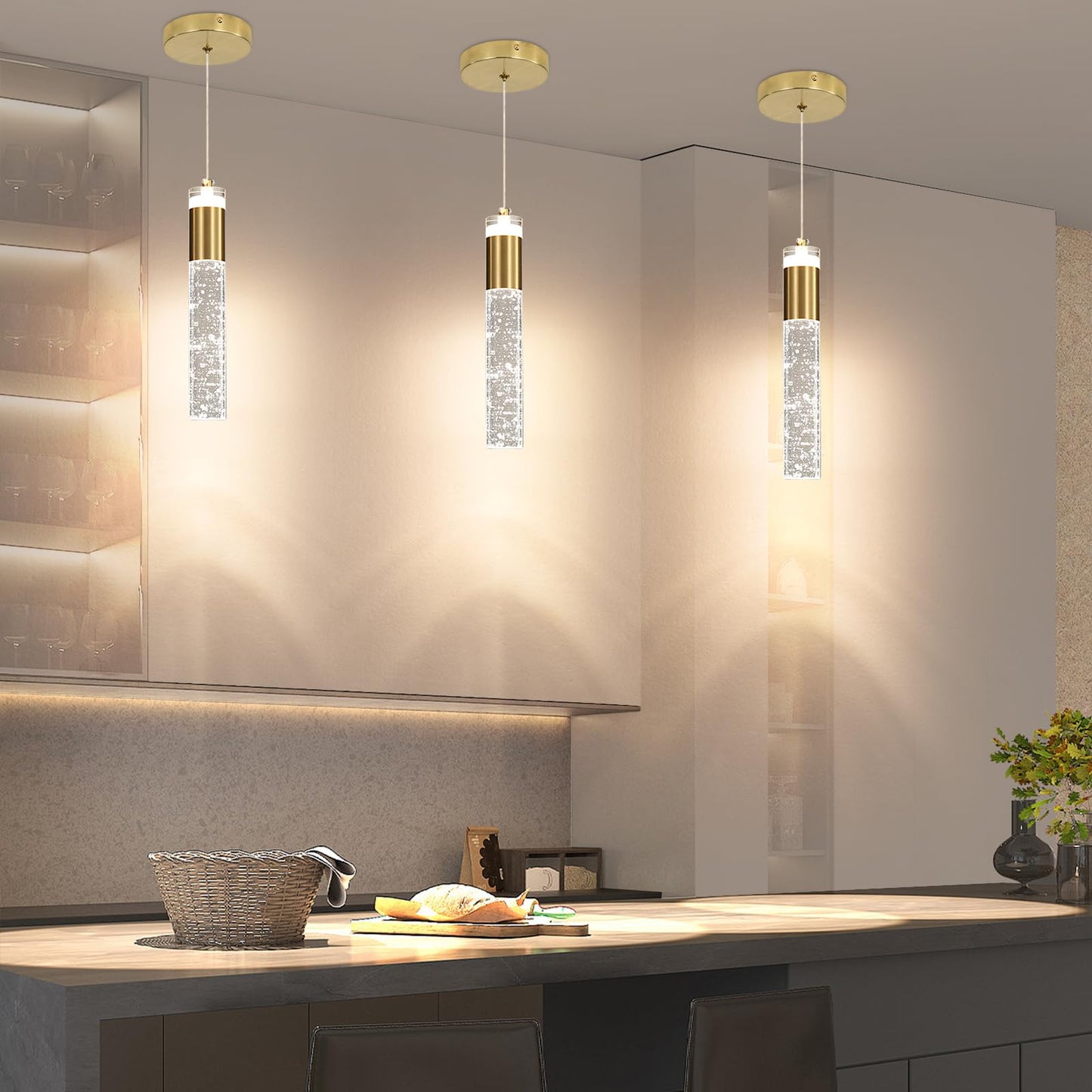 3 Pack Modern Kitchen Island Pendant Lights  Gold Bubble Crystal Ceiling Hanging Light  3 Color 2700K/4500K/6500K  Mini Linear Led Chandelier Lighting For Dining Room  Bedroom  Bar  Hallway  Bedside