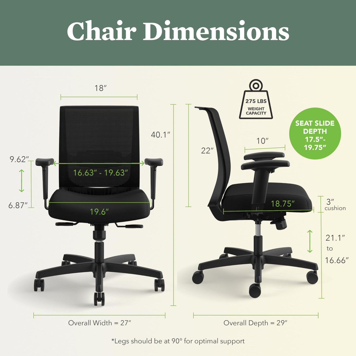 HON Convergence Ergonomic Office Chair, Breathable Back Support Mesh, Adjustable Arms, Computer Seating with Lumbar Support, Swivel Wheels, Synchro-Tilt Recline, Vinyl, Black