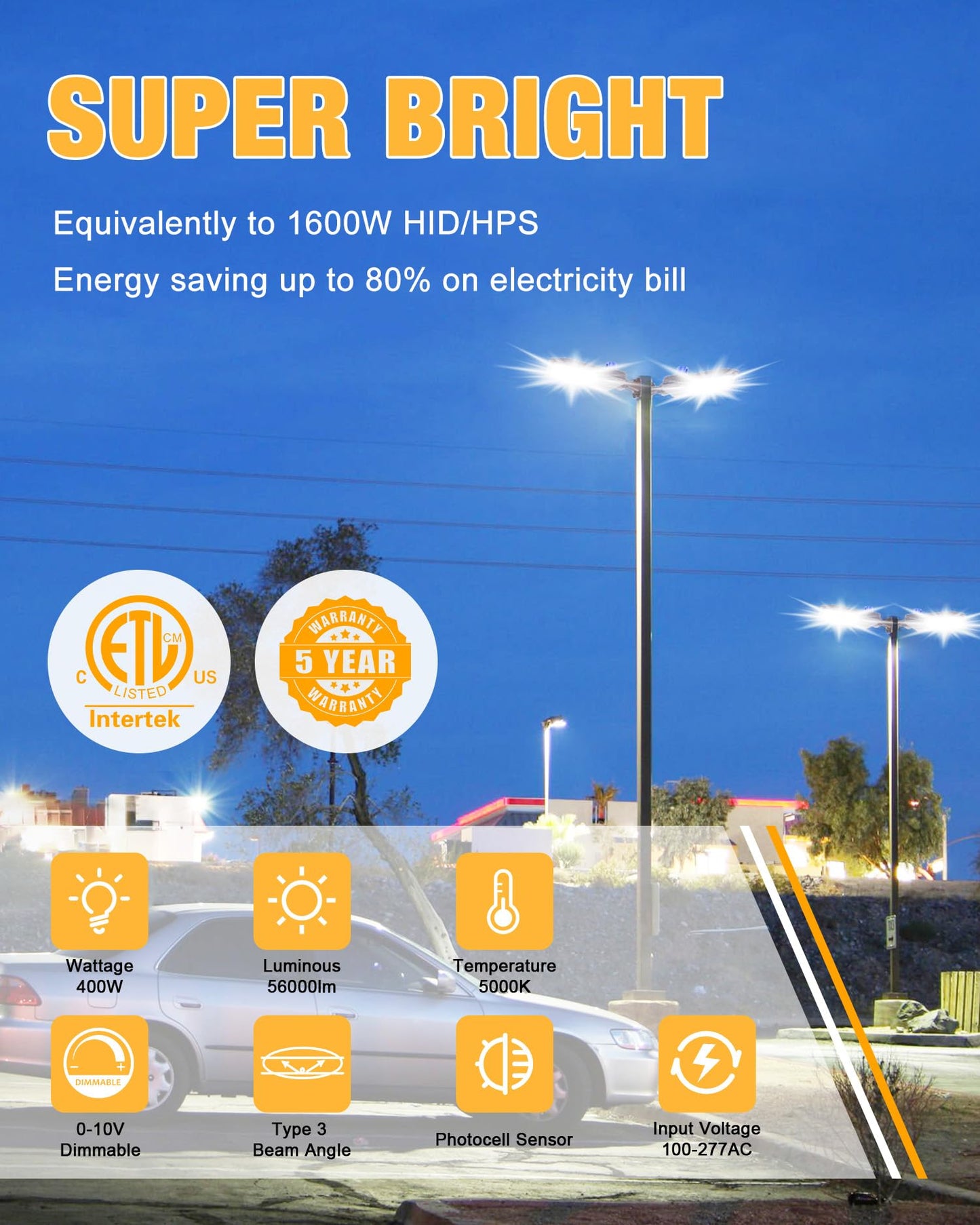 Jc-Lgl 400W Led Parking Lot Lights Led Shoebox Light 56000Lm 5000K Daylight  Ip65 Ul & Etl Certified 0-10V Dimmable  Commercial Outdoor Area Lighting For Parking Lots  Sports Stadiums  And Streets
