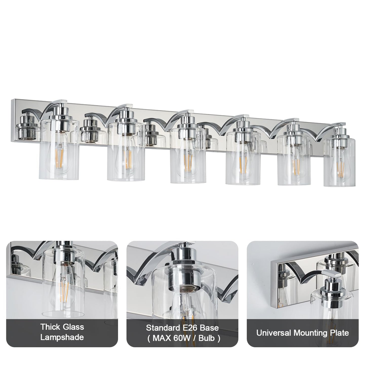 Alaislyc 6-Light Bathroom Light Fixtures Modern Chrome Vanity Lights For Bathroom Lighting Fixtures Over Mirror With Clear Glass Shade For Cabinet Mirror Bedroom Hallway