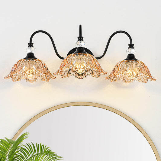 Sunkryster Black Bathroom Vanity Light 3-Light Vanity Light With Floral Amber Glass Shades Vintage Farmhouse Wall Mount Lighting For Bathroom  Dressing Table