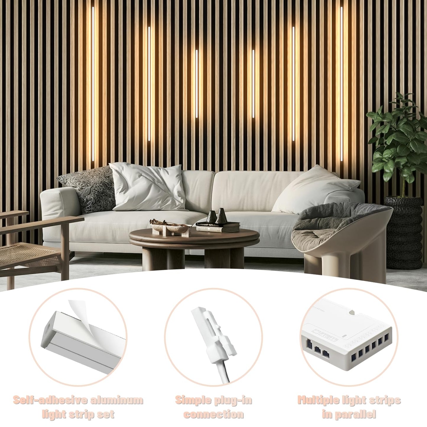 Lichaser Led Recessed Lighting For Acoustic Panel  6 Pcs Of 3000K Dimmable Led Strip Light For Wood Slat Wall Panel In Parallel With Touch Sensor  Self-Adhesive For Slat Wall Decor (2*36+2*24+2*16 In)