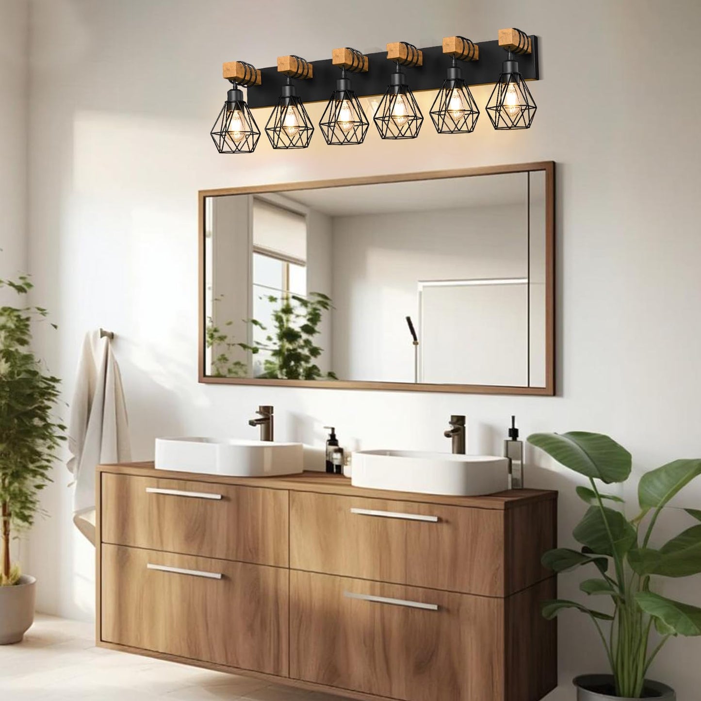 Izorro Farmhouse Bathroom Vanity Light Fixtures  6-Light Wood Bathroom Lighting Fixtures Over Mirror  Black Rustic Industrial Sconces Wall Lights With Metal Lampshade For Living Room  Bedroom