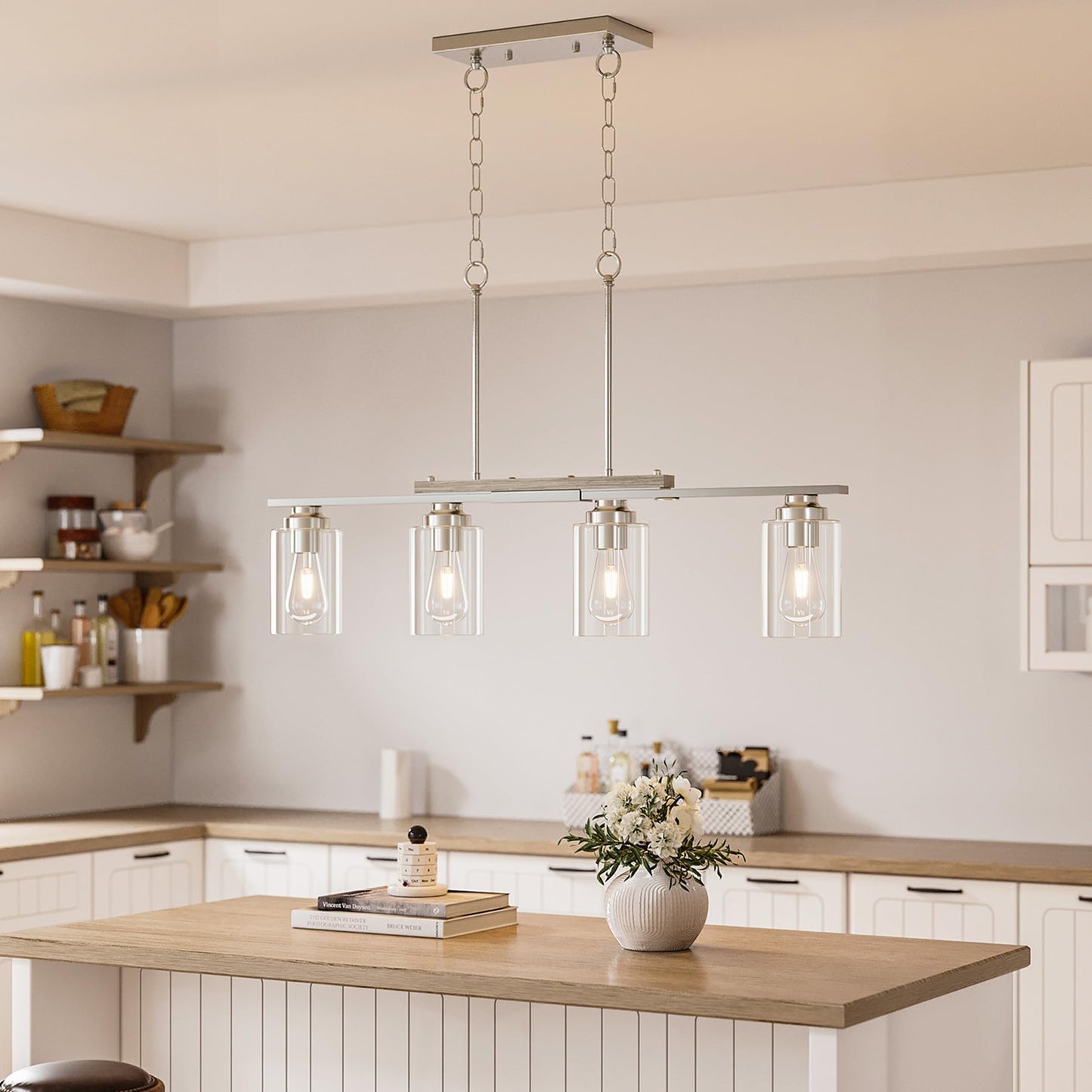 Vonluce Kitchen Island Lighting  4-Light Dining Room Light Fixture Over Table With Glass Shade And Adjustable Rods  Farmhouse Linear Chandelier For Kitchen Island  Brushed Nickel  Etl Certificated