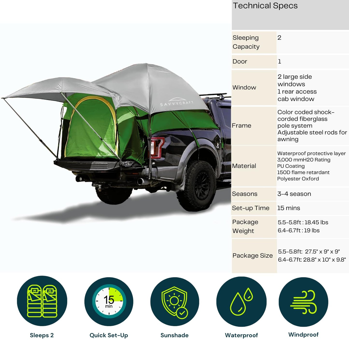 Savvycraft Pickup Truck Bed Tent for Full Size Truck 6.4'-6.7' Bed, Waterproof P3000mm 2-Person Double Layer Truck Bed Camping Tent, Expandable Awning, Rainfly, Storage Bag Included Green/Gray