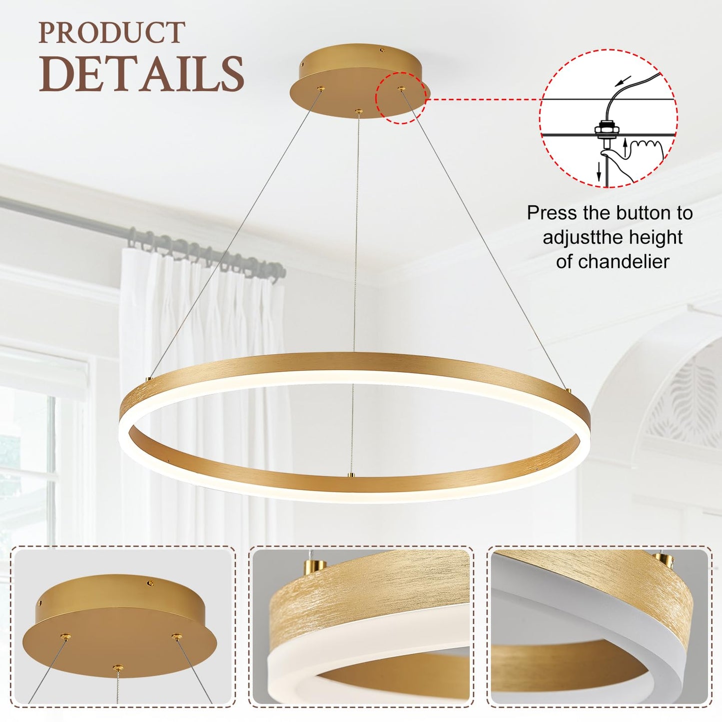 Sparklelf Modern Led Pendant Lighting 24 Ring Chandelier Gold Dimmable Led Chandelier For Dining Room 36W Adjustable Pendant Light Fixture For Living Room Bedroom Home Office Foyer  3000-6500K