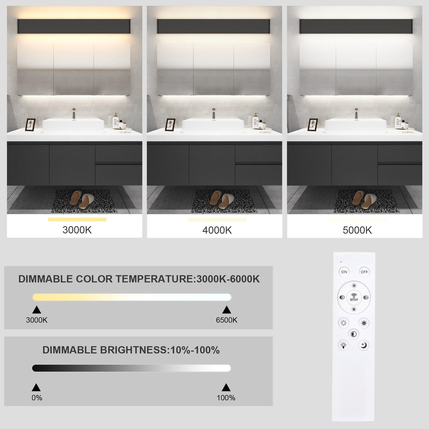 Aipsun Vanity Light Fixture - 43.3in Dimmable LED, Adjustable Color Temperature, Aluminum, Remote Control, Model A065-110cm-Remote