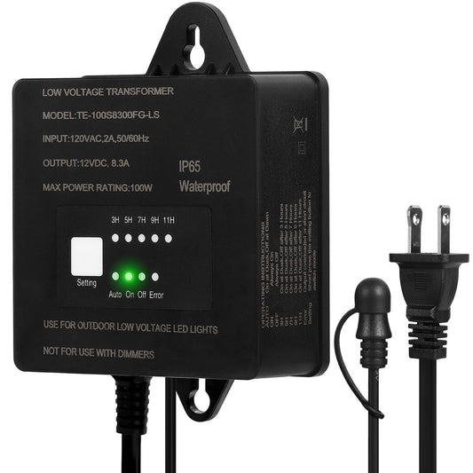 100W Low Voltage Landscape Transformer,Waterproof Low Voltage Transformer with Timer and Photocell Sensor,120V AC to 12V DC Land